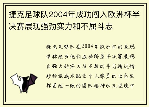 捷克足球队2004年成功闯入欧洲杯半决赛展现强劲实力和不屈斗志