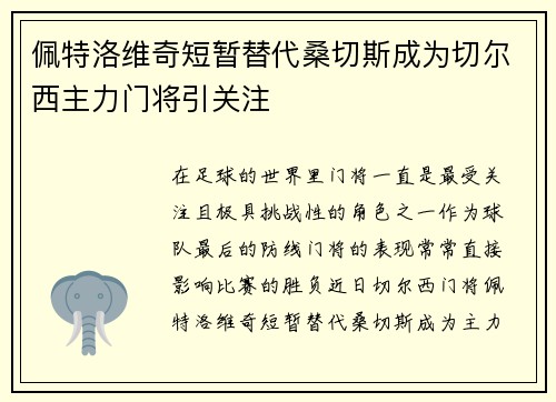 佩特洛维奇短暂替代桑切斯成为切尔西主力门将引关注