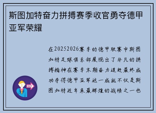 斯图加特奋力拼搏赛季收官勇夺德甲亚军荣耀