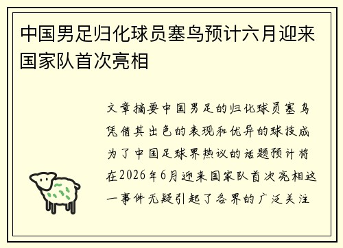 中国男足归化球员塞鸟预计六月迎来国家队首次亮相 中国男足归化球员塞鸟预计六月迎来国家队首次亮相