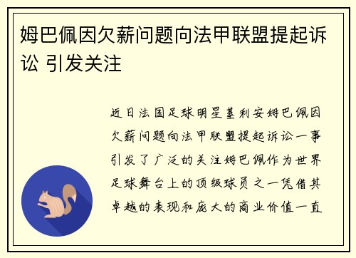 姆巴佩因欠薪问题向法甲联盟提起诉讼 引发关注