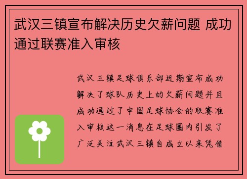 武汉三镇宣布解决历史欠薪问题 成功通过联赛准入审核 武汉三镇宣布解决历史欠薪问题 成功通过联赛准入审核